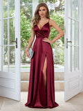 Extra-Long Satin A-Line V Neck Sleeveless Dress - Elegant Party & Banquet Dress with Split Thigh, Micro Elasticity, and Ball Gown Hem - Hand Wash or Professional Dry Clean, Solid Color, and All Season Wear