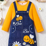Brief Alphabet Print Fitted Long Sleeve Crew Neck Casual Dress for Girls - Soft Slight Stretch Polyester Material, Round Neck, Regular Fit, No Belt or Chest Pad - Perfect for Spring and Fall Seasons