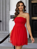 Elegant Off-The-Shoulder Solid Puffy Bandeau Bridesmaid Dress - Micro Elastic Polyamide Fabric, Heart Collar, No Printing, Knit Fabric - Perfect for Wedding, Evening, Occasion, Engagement, Ceremony, Birthday