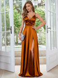 Extra-Long Satin A-Line V Neck Sleeveless Dress - Elegant Party & Banquet Dress with Split Thigh, Micro Elasticity, and Ball Gown Hem - Hand Wash or Professional Dry Clean, Solid Color, and All Season Wear