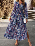 themeisles Split-Joint Ruffled Flower Print Loose Long Sleeves Deep V-Neck Maxi Dresses