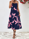 themeisles Floral Printed Contrast Color Sleeveless Loose Spaghetti-Neck Midi Dresses