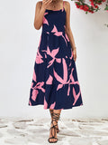 themeisles Floral Printed Contrast Color Sleeveless Loose Spaghetti-Neck Midi Dresses