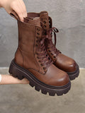 themeisles Vintage Cow Leather Mid Heels Height Boots