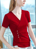 themeisles Original Skinny Solid Color Pleated Asymmetric Beaded T-Shirt Top
