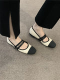 themeisles Contrast Color Round Cut Split-Joint Square-Toe Low Heels Flat Shoes Flats