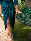 themeisles Tied Waist Solid Color Pleated Three-Quarter Sleeves Loose Boat Neck Maxi Dresses