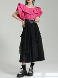 themeisles Split-Joint Solid Color Pleated Falbala Short Sleeves Loose Round-Neck Blouses