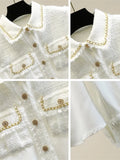 Fashion Designer Tweed Patchwork Chiffon Shirt Blouse Women Vintage Long Sleeve Gold Chain Pearls Weave Tassels Pocket Tops 220407