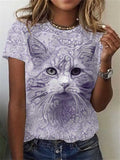 themeisles Short-sleeved Straight Type Pullover Round Neck Cartoon Cats Digital Printing T-shirt Pink Purple Blue Green