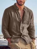 themeisles Solid Color Casual Lapel Pocket Decorated Cardigan Linen Cotton Linen Loose Casual Retro Men's Long-sleeved Shirt