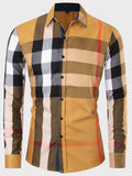 themeisles Large Size New Fashion Urban Men's Cotton Long-sleeved Shirt Patchwork Color Plaid Loose Type Lapel Shirt