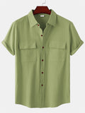 themeisles Summer New Men's Linen Short-sleeved Shirt Men's Square Collar Casual Cotton Linen Shirt Hemp Material Pure Color Half-sleeved Blouse