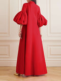 themeisles Loose Flower Shape Solid Color Stand Collar Lantern Sleeves Maxi Dresses