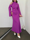 themeisles Flared Sleeves Asymmetric Buttoned Hollow Solid Color Zipper Cold Shoulder Evening Dresses Maxi Dresses