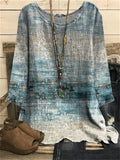 themeisles New Cotton and Linen Painted Print Round Neck Hanging Shot Loose Type Retro Long-sleeved T-shirt Comfortable Casual Tops