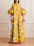 themeisles Loose Flower Shape Solid Color Stand Collar Lantern Sleeves Maxi Dresses