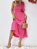 themeisles Solid Color Puff Sleeves Loose One-Shoulder Midi Dresses