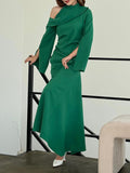 themeisles Flared Sleeves Asymmetric Buttoned Hollow Solid Color Zipper Cold Shoulder Evening Dresses Maxi Dresses