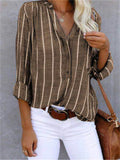 themeisles Simple Fashion Print Striped Shirt Straight-type Stand-up Collar Cardigan Long-sleeved Female Comfortable Casual Style
