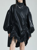 themeisles Solid Color Pleated Drawstring Puff Sleeves Loose Stand Collar Mini Dresses