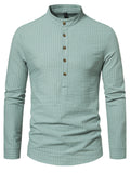 themeisles New Men's Henry Collar Stand-up Collar Long-sleeved Striped Shirt Fashion Loose Comfortable Casual Shirt