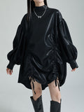 themeisles Solid Color Pleated Drawstring Puff Sleeves Loose Stand Collar Mini Dresses
