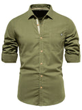 themeisles Summer New Solid Color Lapel Men's Cotton Shirt Fashion Casual Men's Embroidered Solid Color Long-sleeved Cardigan Shirt Men