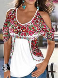 themeisles Summer Loose V-neck Pleated Print Strapless Women's Short-sleeved T-shirt