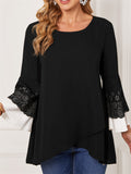 themeisles Round Collar Collision Cross Hollow Jacquard Nine-quarter Sleeve Spring Shirt