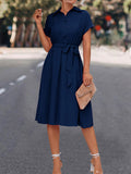 themeisles Tied Waist Solid Color Buttoned Short Sleeves High Waisted Lapel Collar Shirt Dress Midi Dresses