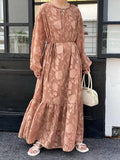 themeisles Tied Waist Split-Joint Solid Color Pleated Flower Print Puff Sleeves Loose Round-Neck Maxi Dresses
