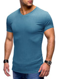 themeisles Summer Men's Sports and Fitness Short-sleeved T-shirt Vertical Striped Solid Color Collarless Men's Slim V-neck Tops Ice Silk Bodysuit