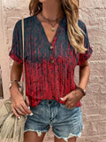 themeisles Spring and Summer New Women's Loose Type V-neck Tops Printed Twist Buckle Fashion Short-sleeved Female Sweet and Fresh