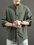 themeisles Summer New Men's Cotton Linen Medium-sleeved Shirt Casual Seven-minute Sleeve Men's Shirt Thin Section Loose Stand-up Collar Blouse