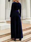 themeisles Zipper Solid Color Pleated Belted Wrap Long Sleeves Round-Neck Maxi Dresses
