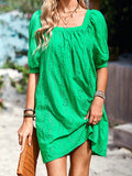 themeisles Solid Color Jacquard Puff Sleeves Loose Square-neck Mini Dresses