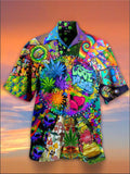 themeisles Men's Shirt Summer Hawaiian Shirt Graphic Prints Hippie Bus Turndown Light Yellow Blue-Green Black Light Green Purple Casual Hawaiian Short Sleeve Button-Down Print Clothing Apparel Tropical Fashion