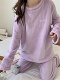themeisles Women's Shirt Pants Sets Fleece Pants Pajamas Basic Blue Purple Casual Solid Color Crew Neck One-Size