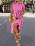 themeisles Tied Waist Solid Color Buttoned Short Sleeves High Waisted Lapel Collar Shirt Dress Midi Dresses