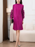 themeisles Solid Color Pleated Embroidered Loose Long Sleeves Round-neck Midi Dresses