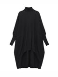 themeisles Batwing Sleeves High-Low Pockets Solid Color High-Neck Midi Dresses Sweater Dresses
