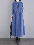 themeisles Vintage Corduroy Long Sleeves A-Line Embroidered Solid Round-Neck Midi Dresses