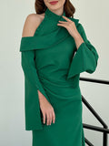 themeisles Flared Sleeves Asymmetric Buttoned Hollow Solid Color Zipper Cold Shoulder Evening Dresses Maxi Dresses