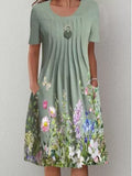 themeisles Casual Flower Round Neck Pleated Dress