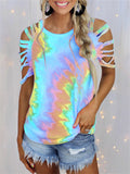 themeisles Summer New Round Neck Women's Tie-dye Print Short-sleeved Strapless Sexy Casual Pullover T-shirt Loose Type Top