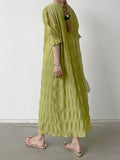 themeisles Solid Color Pleated Loose Half Sleeves Round-Neck Midi Dresses