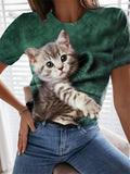 themeisles Summer T-shirt Cat 3D Round Neck Short-sleeved Top T-shirt Blue Purple Green