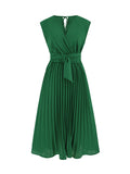 themeisles Tied Waist Solid Color Pleated Sleeveless V-Neck Midi Dresses