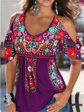 themeisles Summer Loose V-neck Pleated Print Strapless Women's Short-sleeved T-shirt